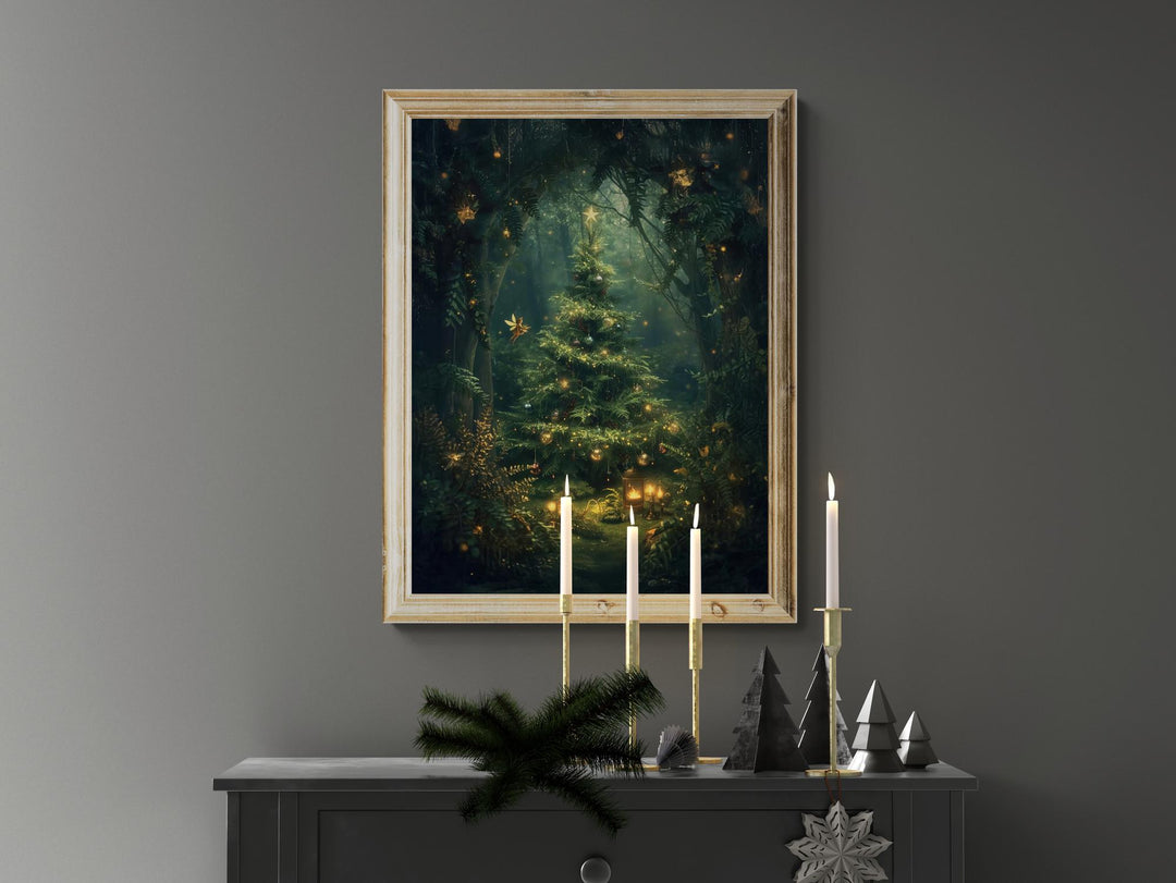 Whimsical fantasy holiday artwork depicting a glowing Christmas tree in an enchanted forest, surrounded by twinkling lights, golden ornaments, and tiny fairies — cozy and magical Christmas wall decor.