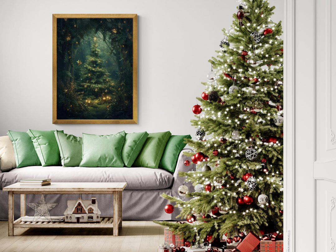 Whimsical fantasy holiday artwork depicting a glowing Christmas tree in an enchanted forest, surrounded by twinkling lights, golden ornaments, and tiny fairies — cozy and magical Christmas wall decor.