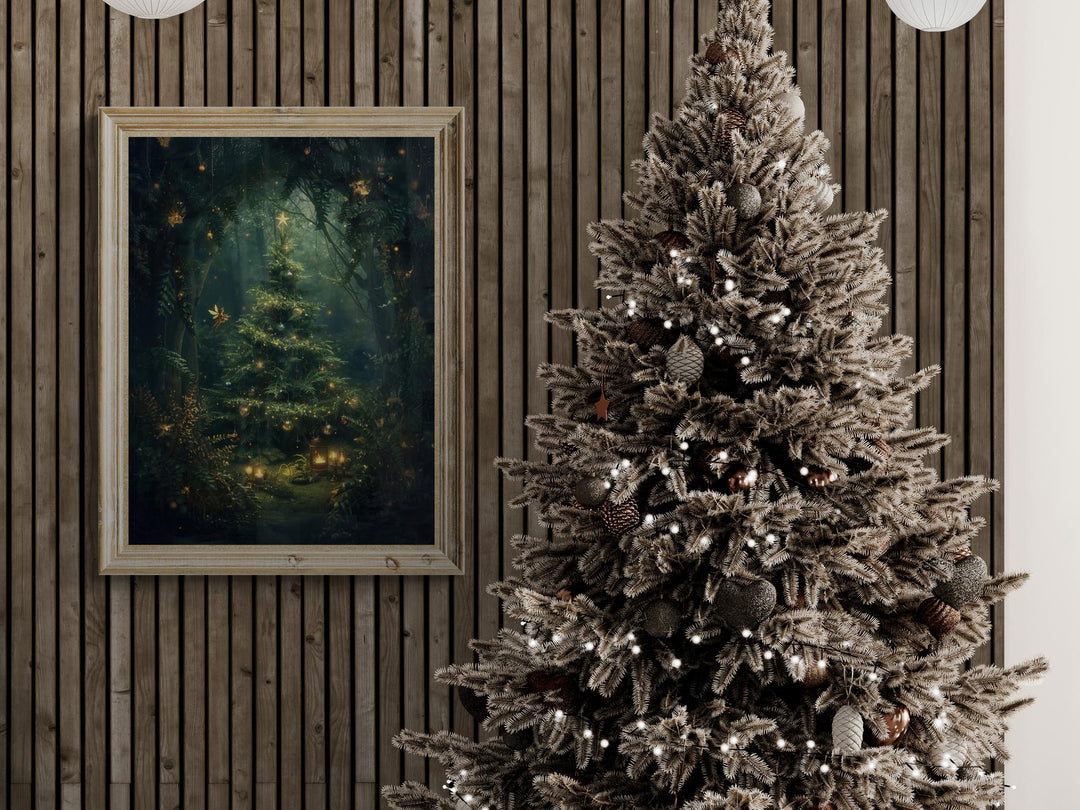 Magical Christmas tree glowing in an enchanted forest.