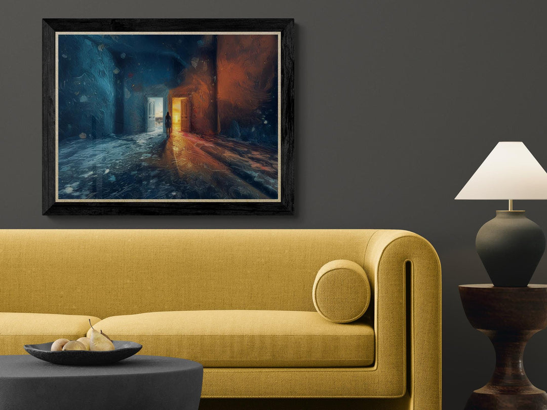 Surreal digital painting of a solitary figure in a textured room with two open doors, one revealing a cold moonlit night and the other a warm sunrise, symbolizing transformation and choice.