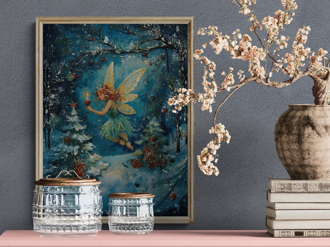 Enchanted winter scene of a fairy holding a glowing candle as she floats through a snowy forest decorated with ornaments and Christmas gifts, blending fantasy and holiday magic.