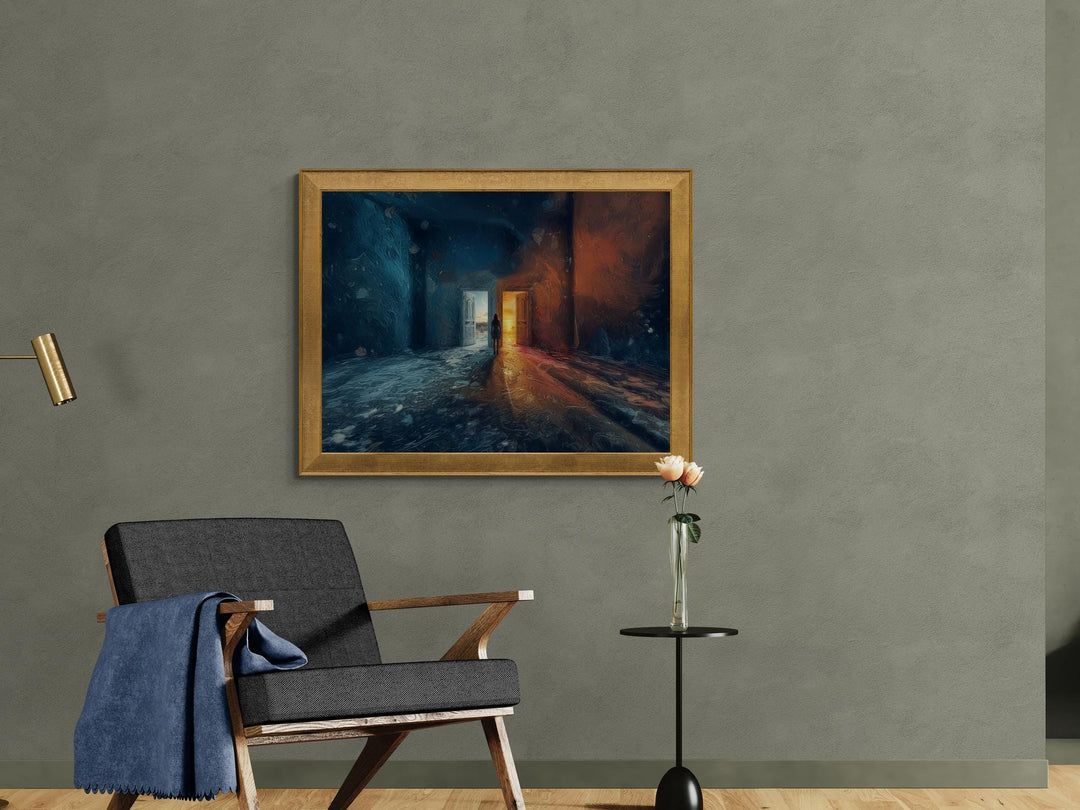 Surreal digital painting of a solitary figure in a textured room with two open doors, one revealing a cold moonlit night and the other a warm sunrise, symbolizing transformation and choice.
