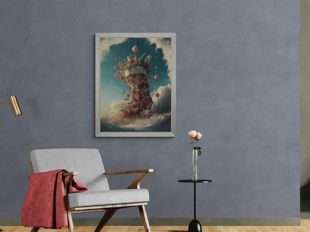 Enchanting fantasy artwork of a giant Christmas stocking stacked with gifts, candy canes, and hot-air balloons drifting in a dreamy winter sky.