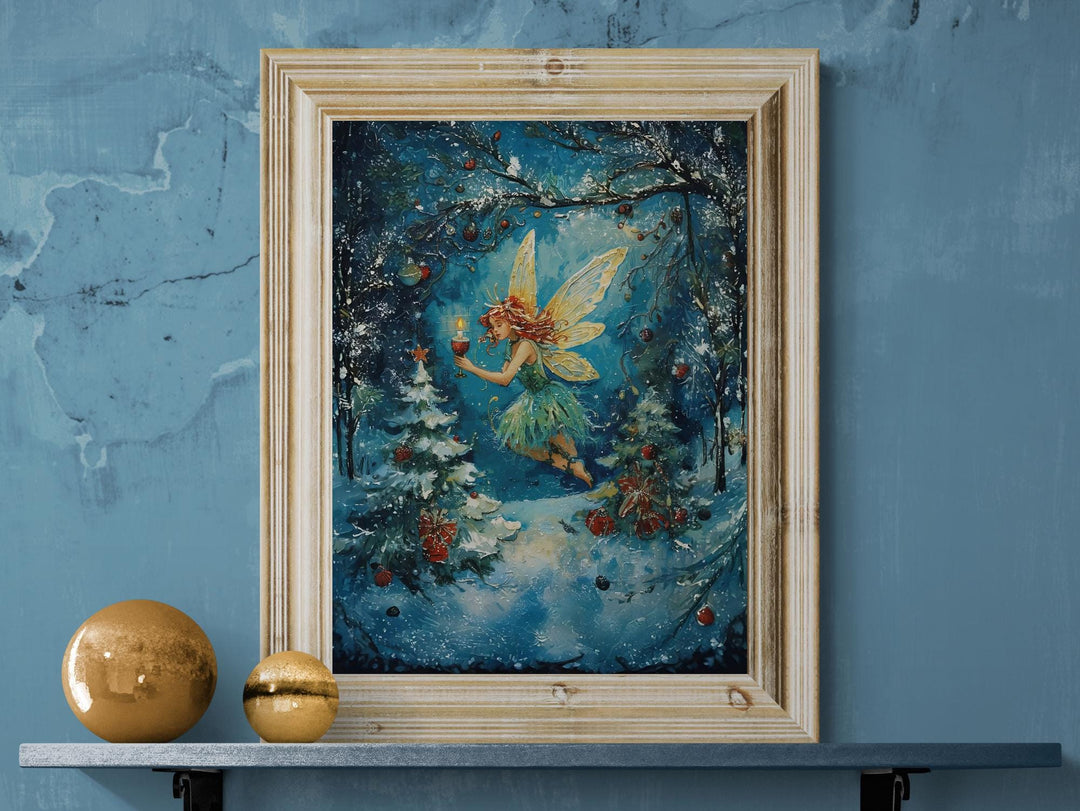 Fairy holding a candle in a snowy Christmas forest.