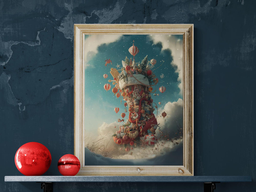 Whimsical Christmas stocking tower floating in snowy sky.