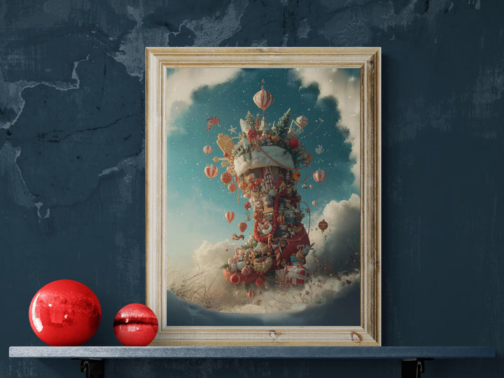 Whimsical Christmas stocking tower floating in snowy sky.