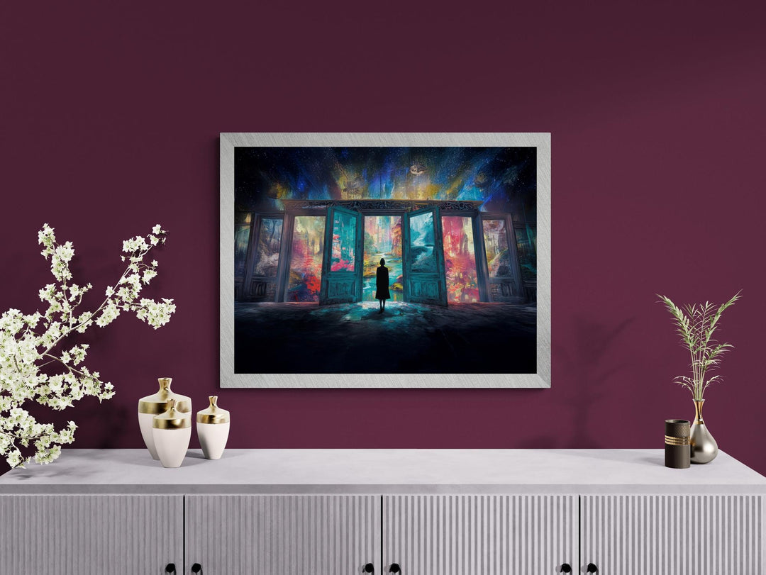 Person stands before vibrant open doors leading into colorful dream worlds under a starry sky