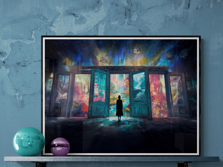 Surreal figure before glowing dream portals