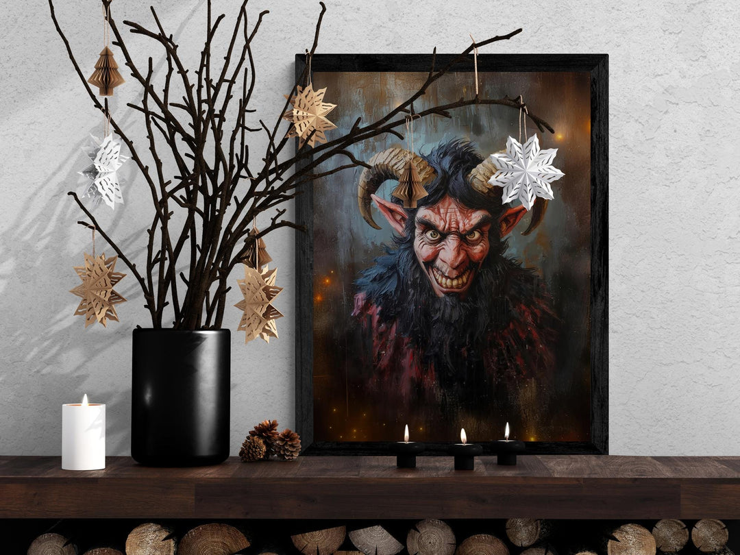 Dark fantasy Krampus artwork featuring a grinning horned demon on textured background.