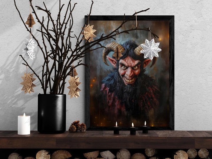 Dark fantasy Krampus artwork featuring a grinning horned demon on textured background.
