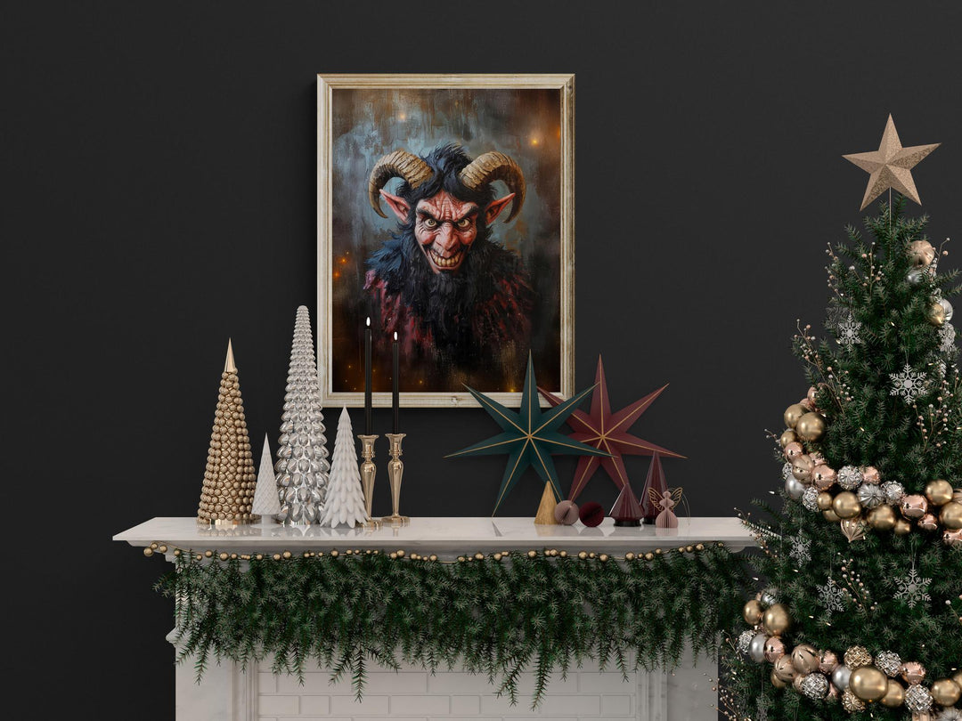 Dark fantasy Krampus artwork featuring a grinning horned demon on textured background.