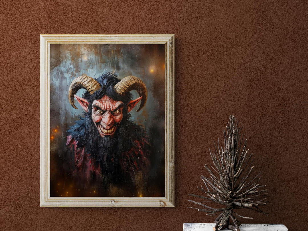 Krampus demon portrait painting with glowing eyes and horns.