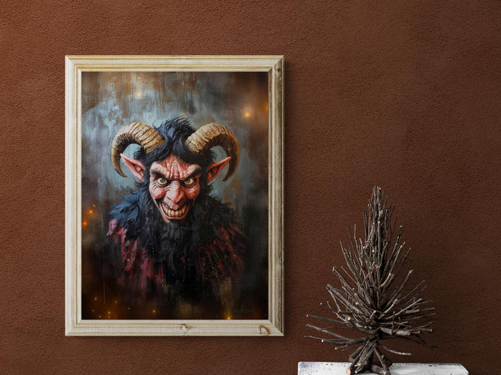Krampus demon portrait painting with glowing eyes and horns.