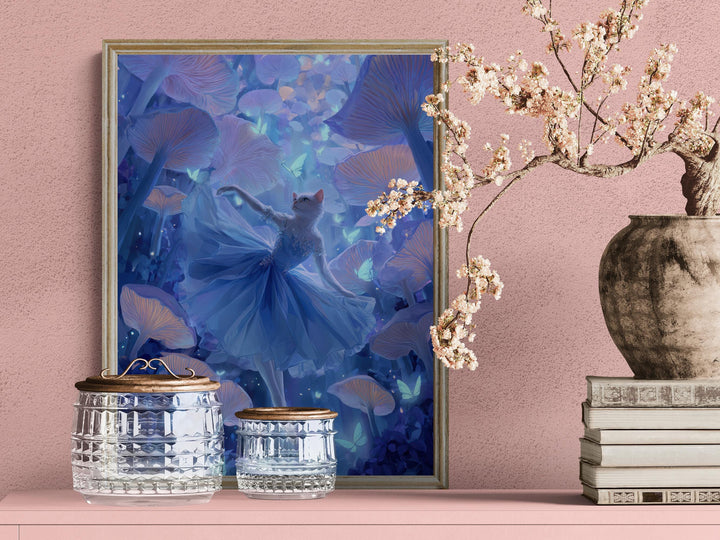 Ethereal fantasy artwork showing a graceful white cat in a blue dress dancing in a glowing mushroom forest surrounded by blue butterflies.