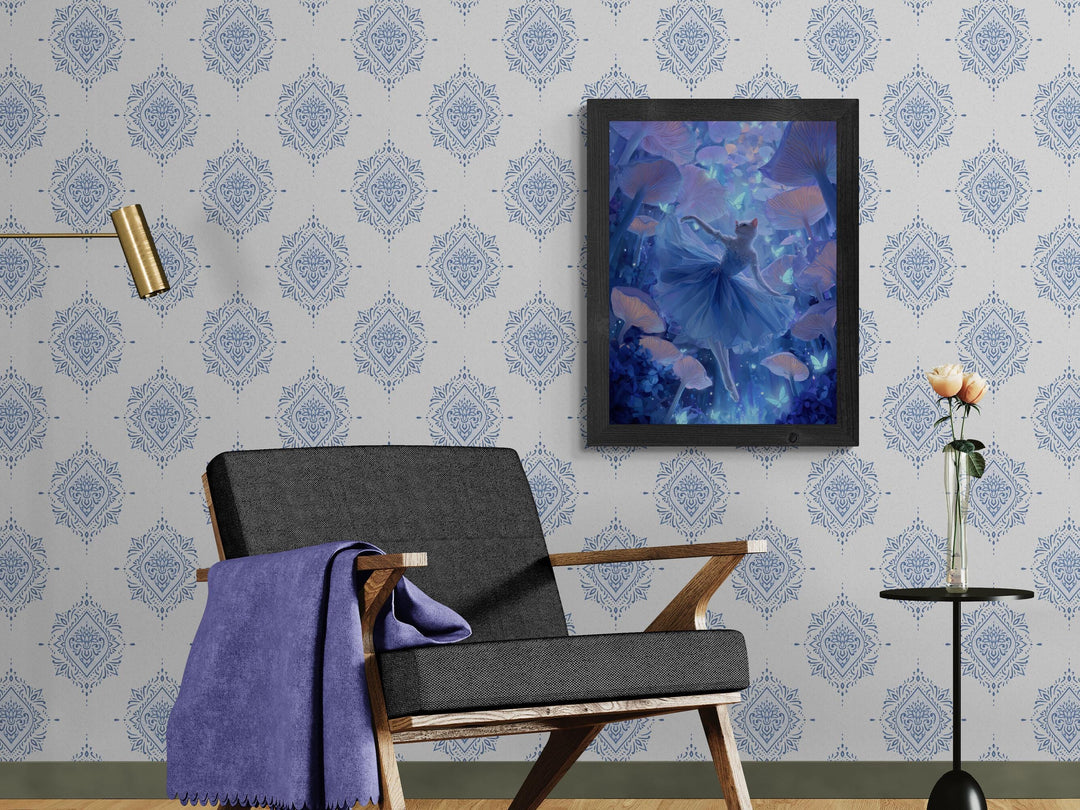 Fantasy canvas wall art featuring a white cat ballerina in a flowing blue gown dancing gracefully among giant glowing mushrooms and luminous butterflies in a mystical forest — a dreamlike piece for fans of surreal feline art and whimsical décor.