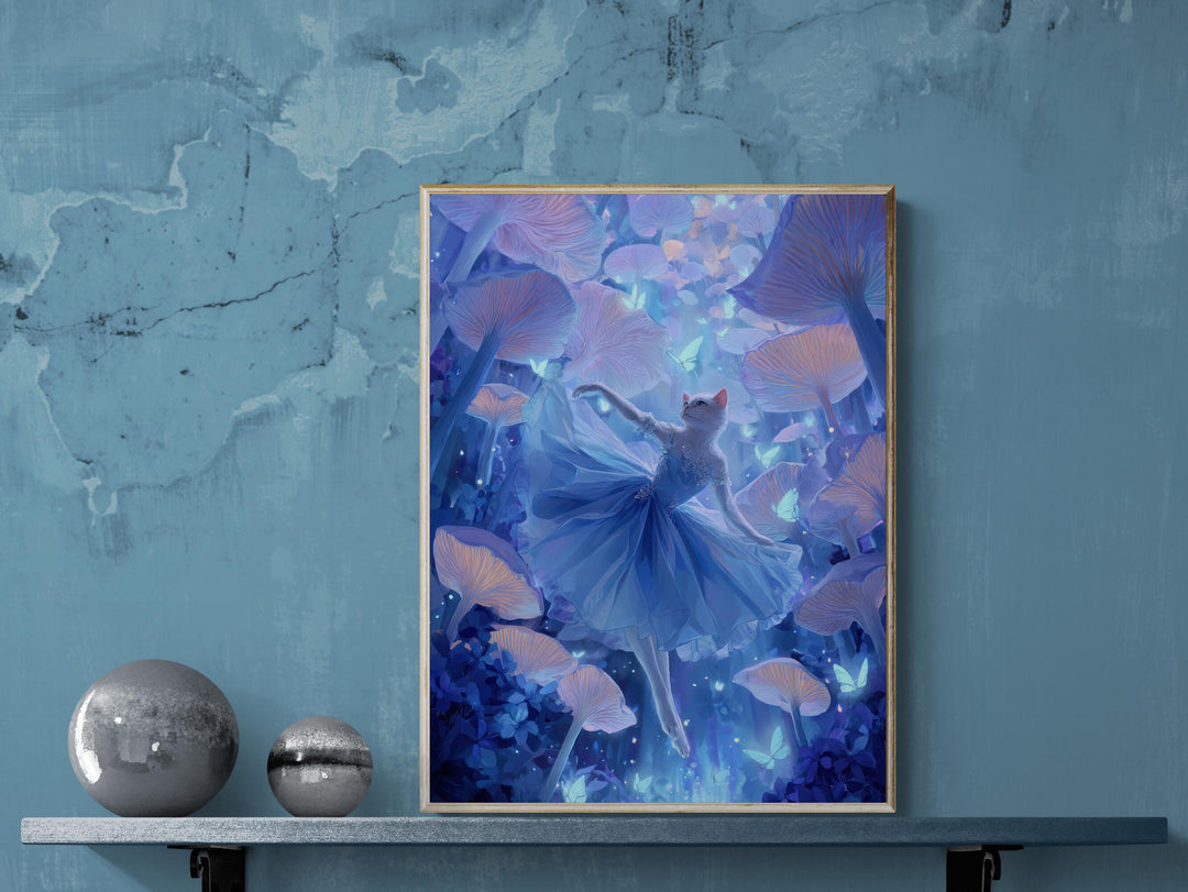 Fantasy canvas wall art featuring a white cat ballerina in a flowing blue gown dancing gracefully among giant glowing mushrooms and luminous butterflies in a mystical forest — a dreamlike piece for fans of surreal feline art and whimsical décor.