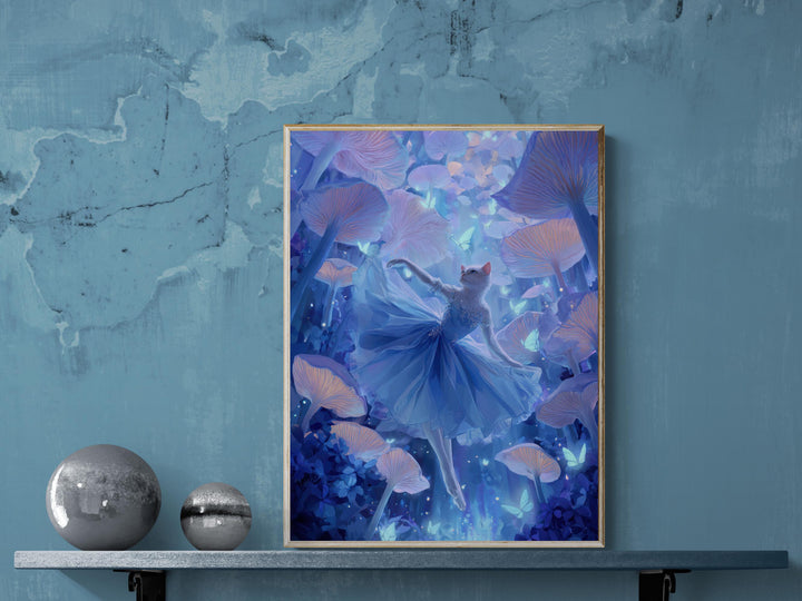 Fantasy canvas wall art featuring a white cat ballerina in a flowing blue gown dancing gracefully among giant glowing mushrooms and luminous butterflies in a mystical forest — a dreamlike piece for fans of surreal feline art and whimsical décor.