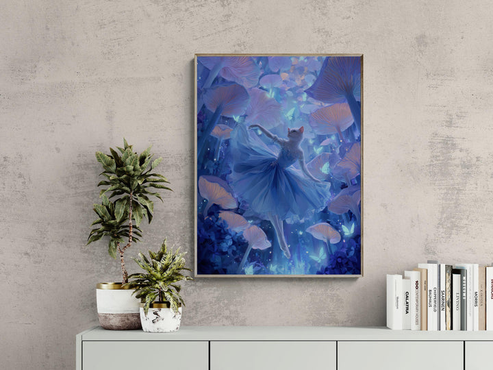 Fantasy canvas wall art featuring a white cat ballerina in a flowing blue gown dancing gracefully among giant glowing mushrooms and luminous butterflies in a mystical forest — a dreamlike piece for fans of surreal feline art and whimsical décor.