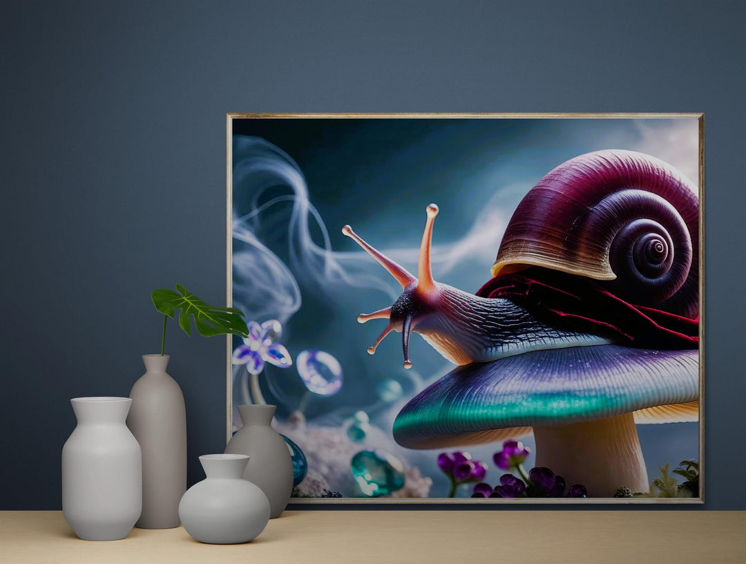 Whimsical fantasy artwork showing a colorful snail draped in velvet, perched on a glowing mushroom surrounded by shining gems and vapor.