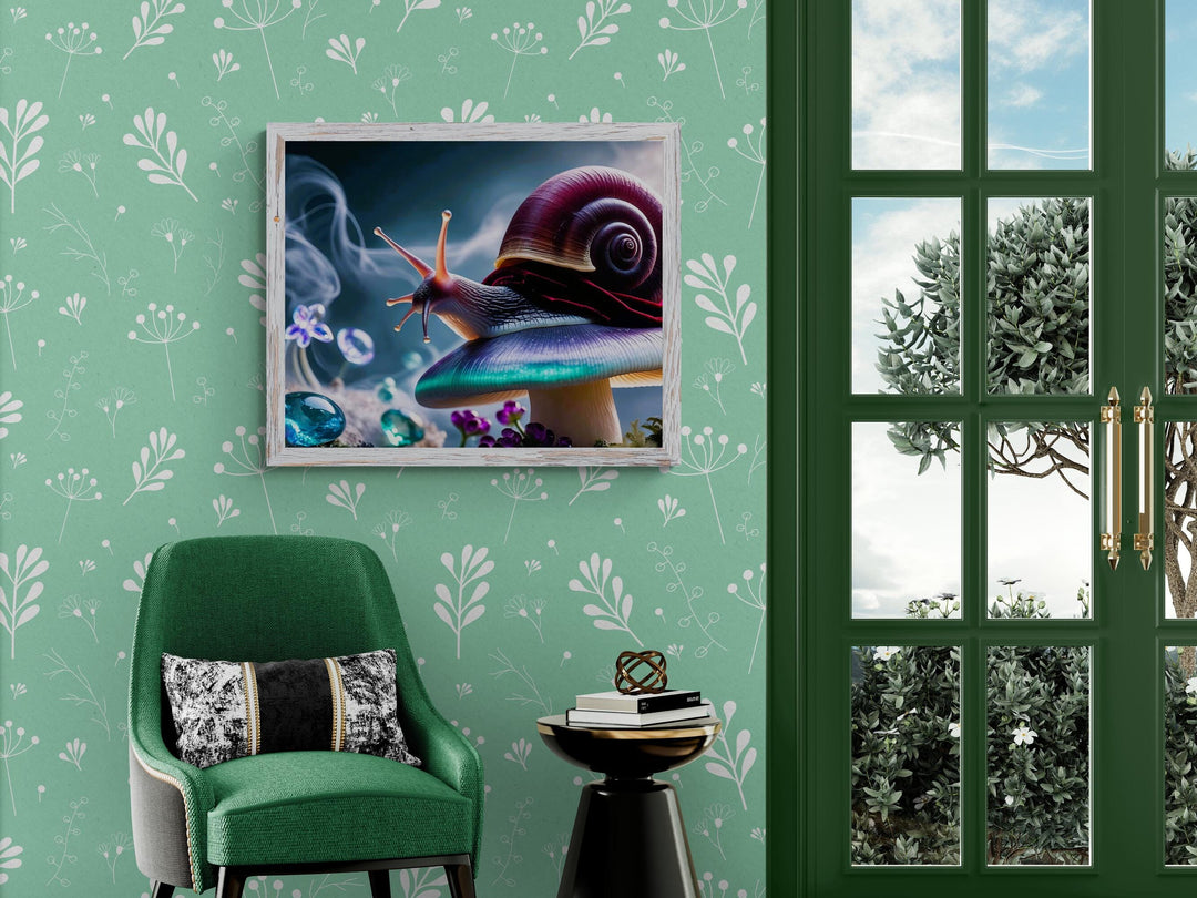 Fantasy wall art depicting a snail wearing a deep red velvet cloak resting on a radiant mushroom, surrounded by mist, glassy gems, and glowing colors — a surreal dreamcore piece perfect for fantasy and cottagecore home décor.