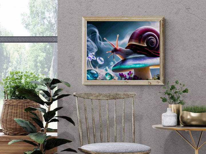 Fantasy wall art depicting a snail wearing a deep red velvet cloak resting on a radiant mushroom, surrounded by mist, glassy gems, and glowing colors — a surreal dreamcore piece perfect for fantasy and cottagecore home décor.