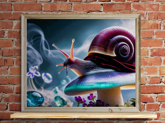 Fantasy wall art of a snail in a velvet cape on a glowing mushroom with mist and jewels.