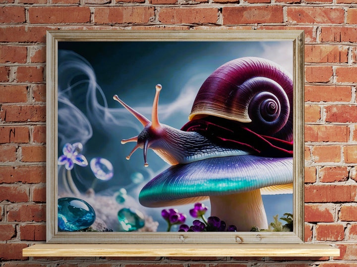 Fantasy wall art of a snail in a velvet cape on a glowing mushroom with mist and jewels.
