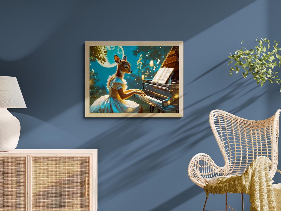 Surreal fantasy art print of an elegant deer playing a piano beneath a full moon, surrounded by floating candles and golden music notes — enchanting wall decor for dreamers and music lovers.