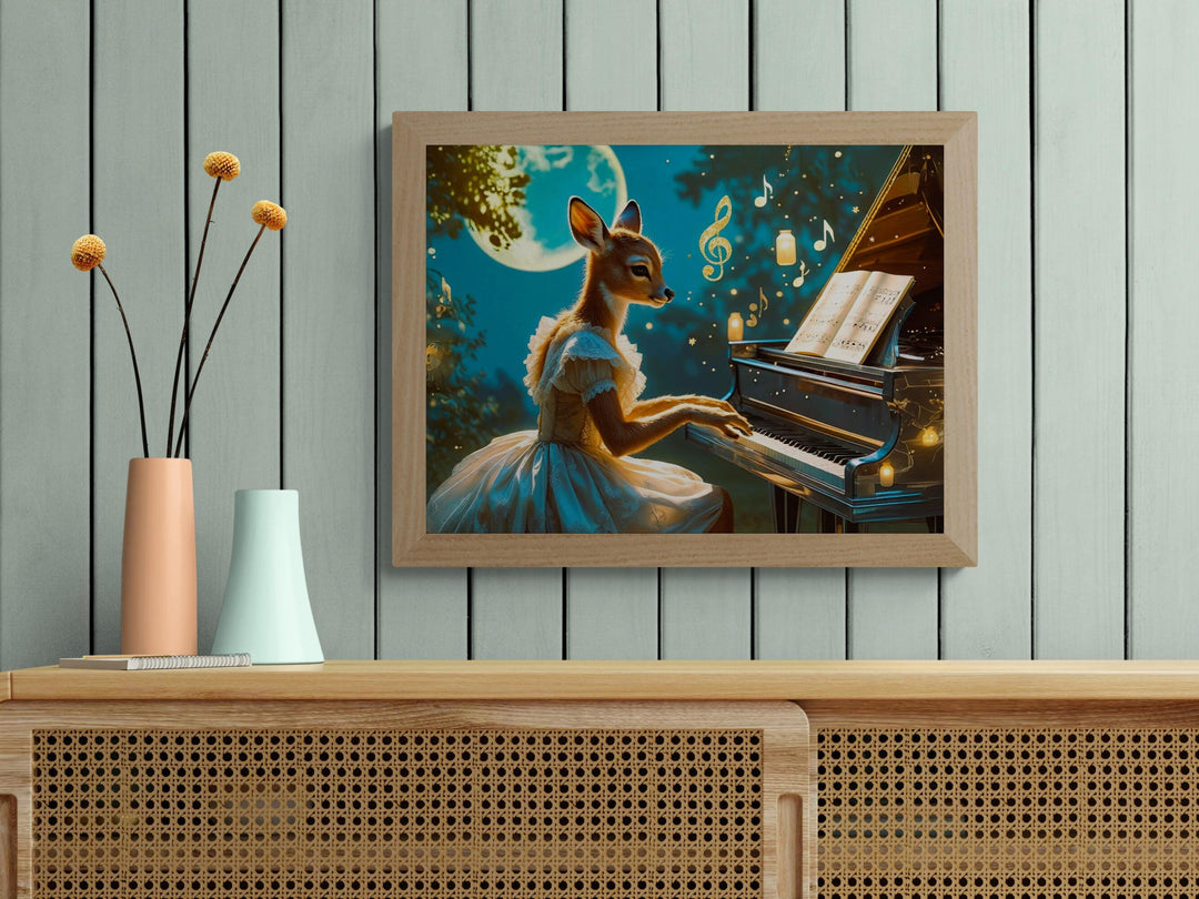 Deer playing piano under moonlight fantasy art.
