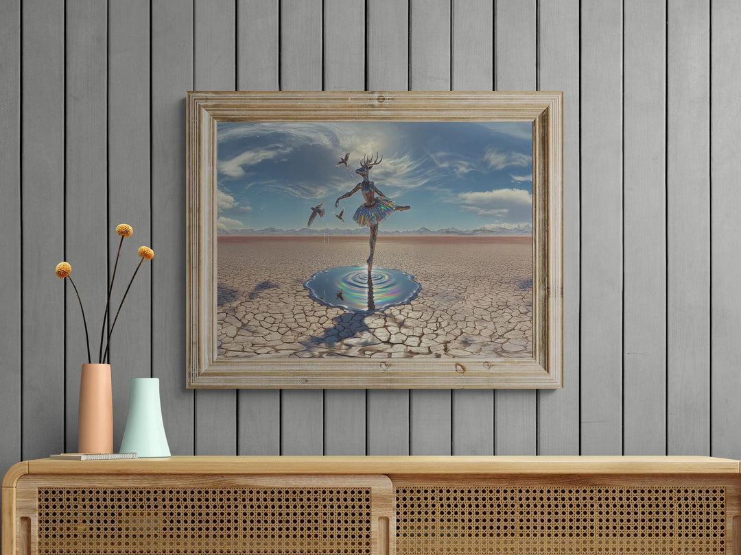 Horizontal deer ballerina canvas wall art, surreal fantasy dance print with dreamlike details.