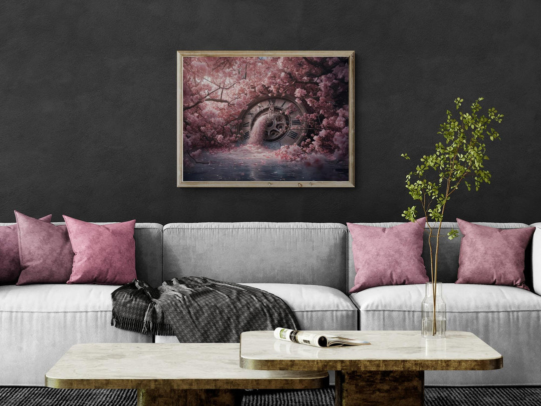 Fantasy wall art of vintage clock surrounded by pink sakura petals.