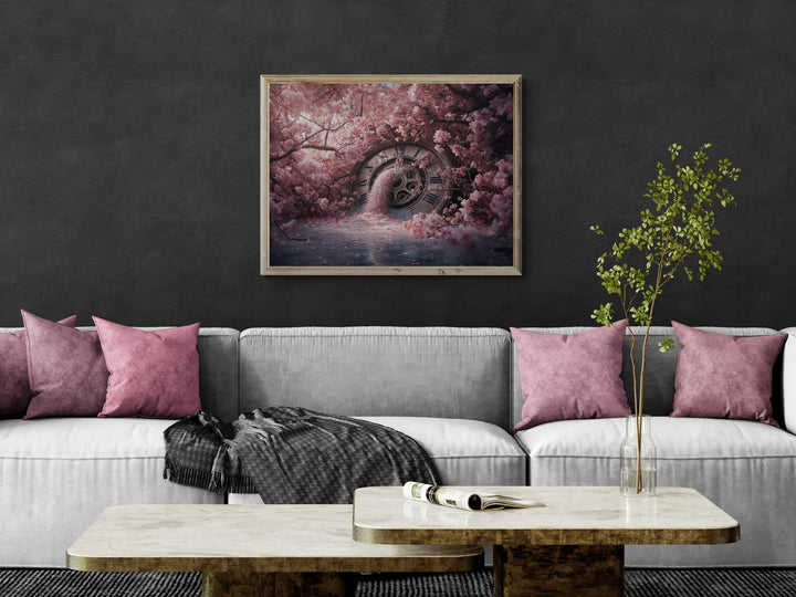 Fantasy wall art of vintage clock surrounded by pink sakura petals.