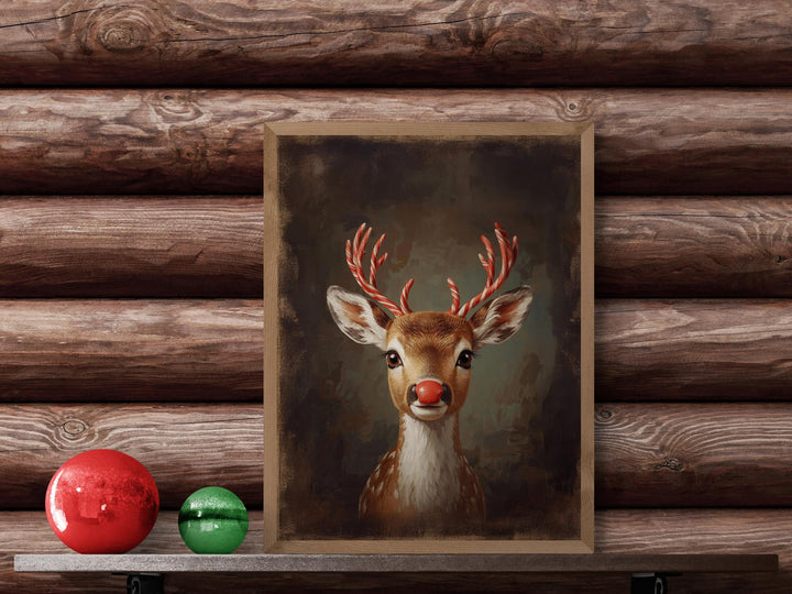 Red-nosed reindeer with candy cane antlers.