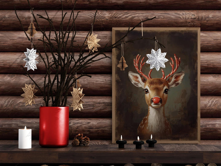 Fantasy Christmas artwork of a red-nosed reindeer with candy cane antlers, painted in warm holiday tones — perfect for cozy seasonal décor and imaginative wall art.