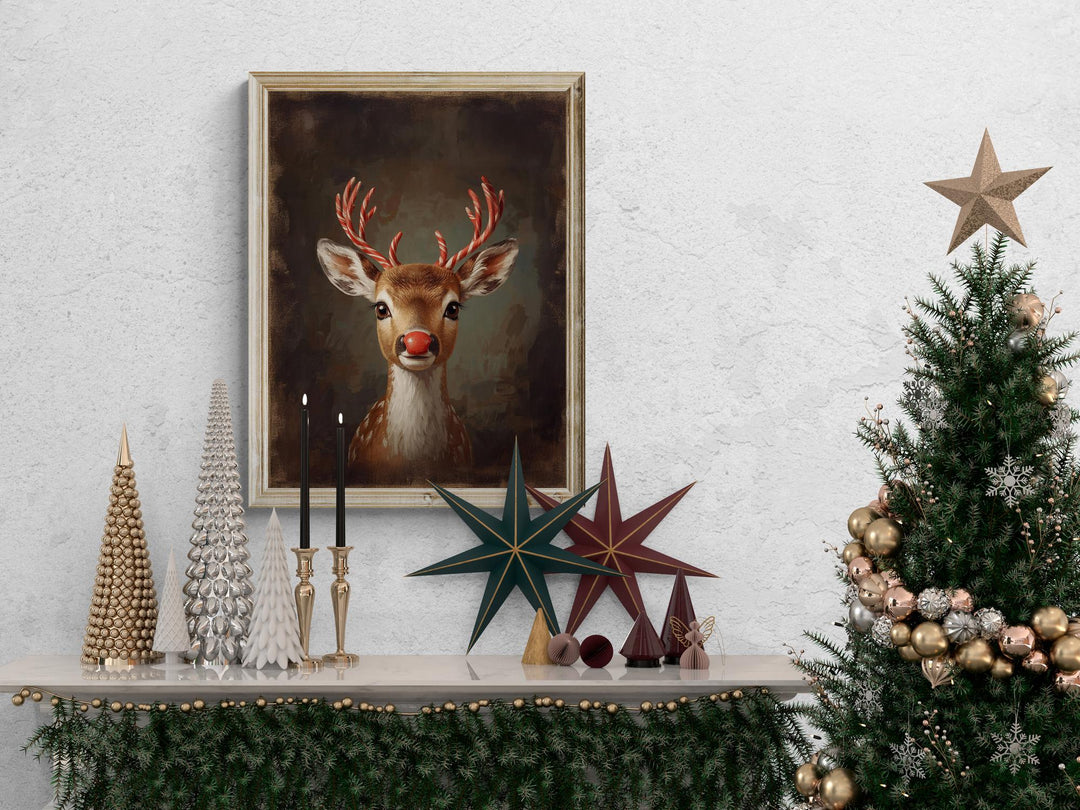 Fantasy Christmas artwork of a red-nosed reindeer with candy cane antlers, painted in warm holiday tones — perfect for cozy seasonal décor and imaginative wall art.