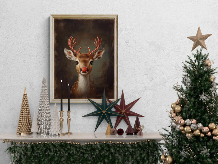 Fantasy Christmas artwork of a red-nosed reindeer with candy cane antlers, painted in warm holiday tones — perfect for cozy seasonal décor and imaginative wall art.