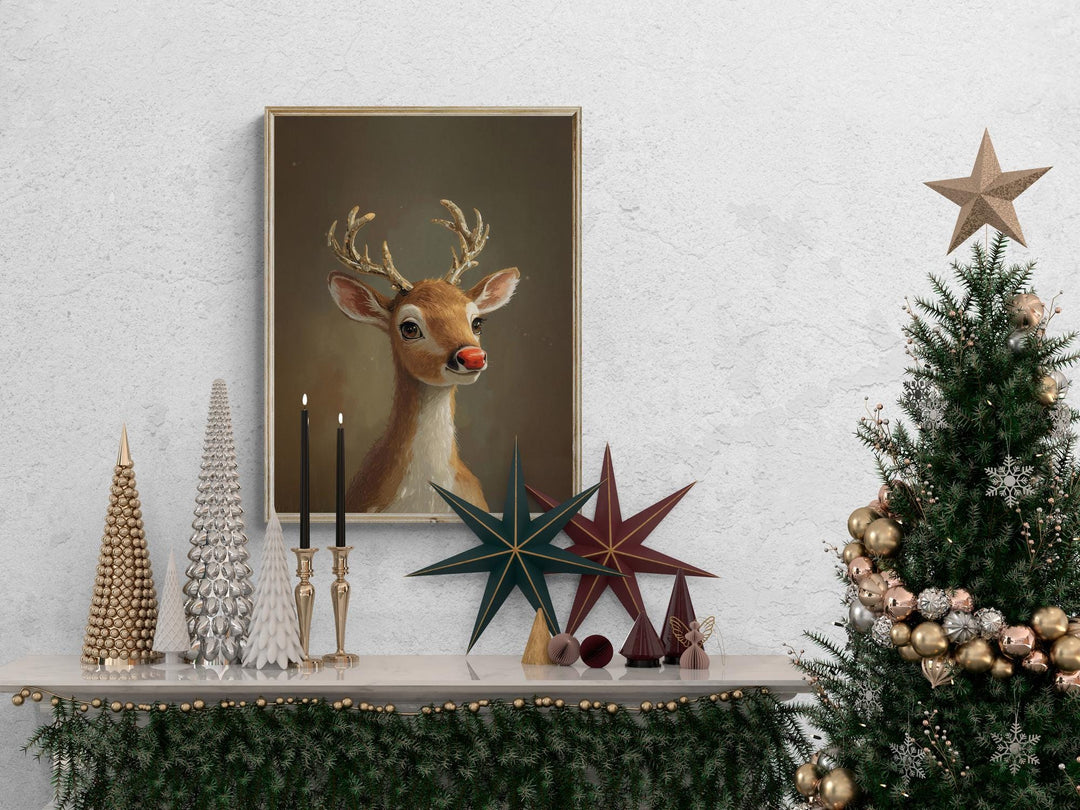 Fantasy reindeer art featuring glowing red nose and shimmering golden antlers.