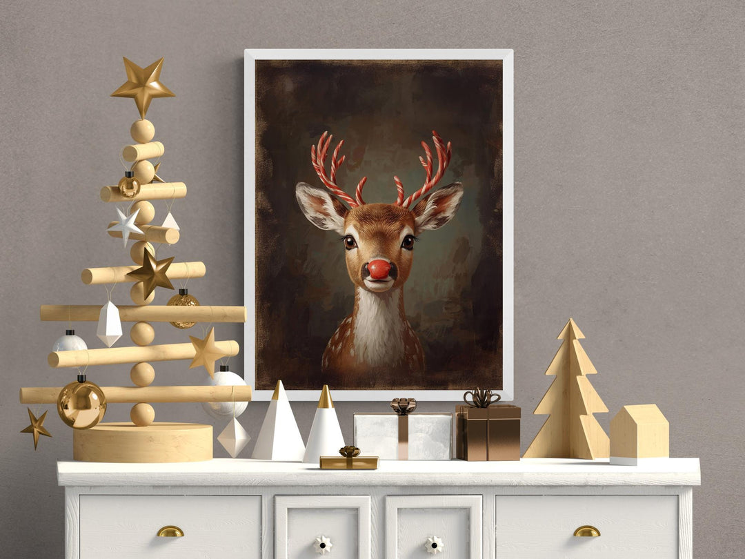 Whimsical reindeer art with candy-striped antlers and festive charm.