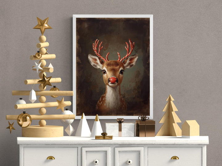 Whimsical reindeer art with candy-striped antlers and festive charm.