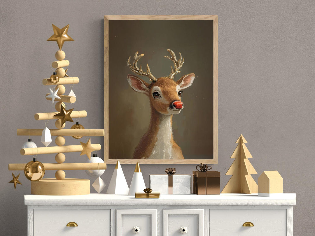 Fantasy reindeer art featuring glowing red nose and shimmering golden antlers.