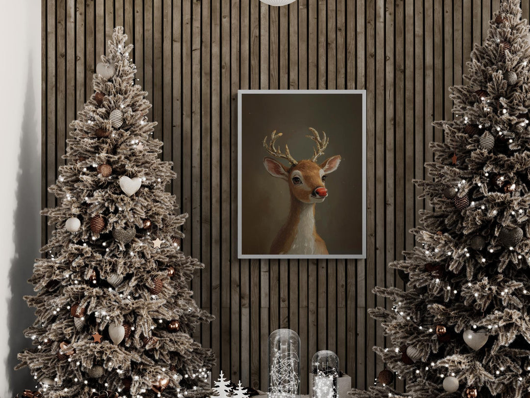 Whimsical digital illustration of a red-nosed reindeer with metallic golden antlers, bathed in warm winter light — perfect for cozy Christmas décor or fantasy wall art collections.
