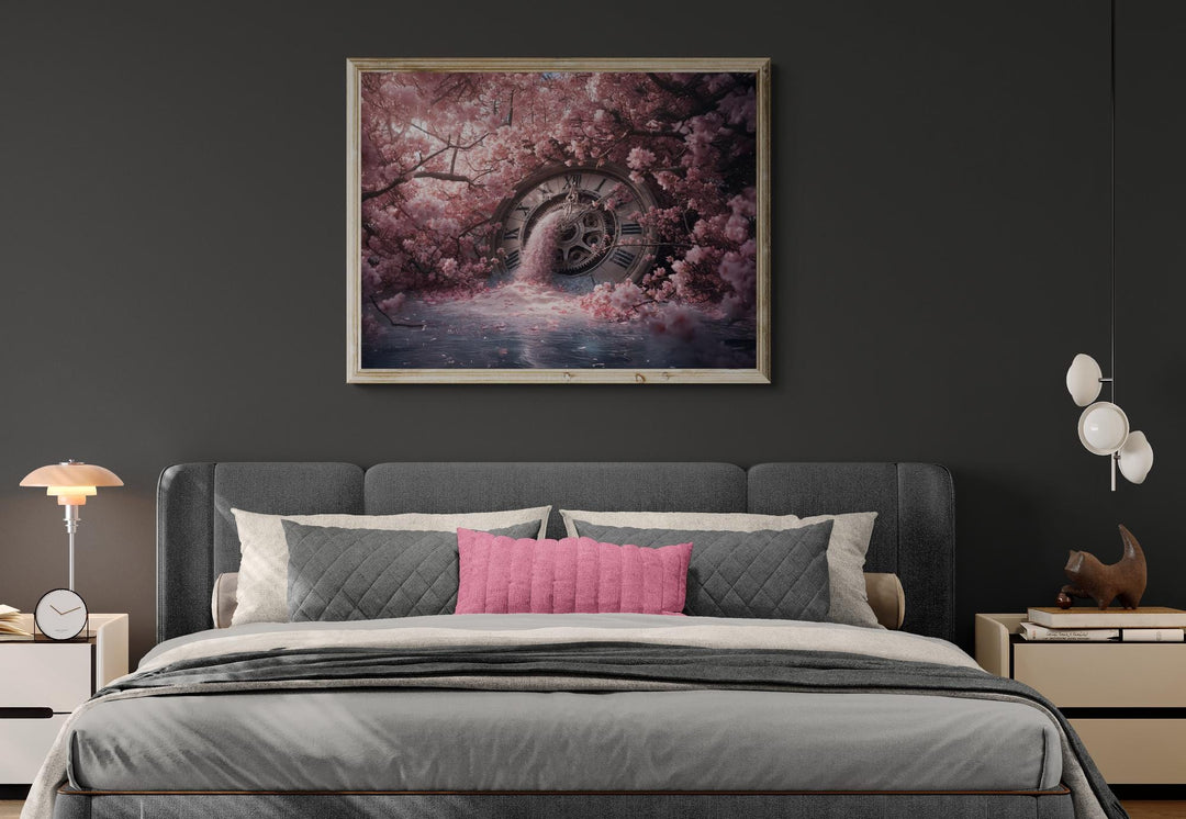 Dreamlike digital artwork depicting a vintage clock melting into cherry blossoms, blending time and nature in soft pink tones — perfect for fantasy, dreamcore, or ethereal home décor.