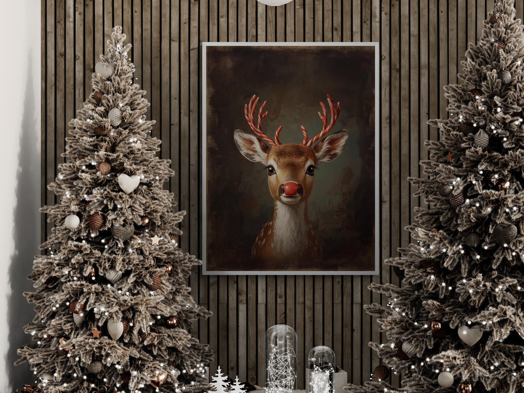 Fantasy Christmas artwork of a red-nosed reindeer with candy cane antlers, painted in warm holiday tones — perfect for cozy seasonal décor and imaginative wall art.