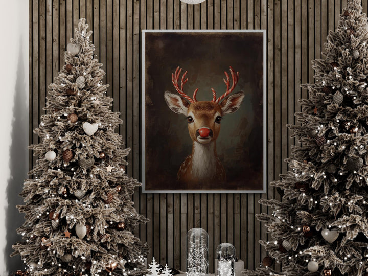 Fantasy Christmas artwork of a red-nosed reindeer with candy cane antlers, painted in warm holiday tones — perfect for cozy seasonal décor and imaginative wall art.