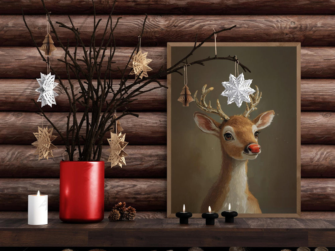 Red-nosed reindeer with golden metal antlers.