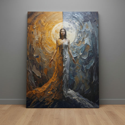 Surreal artwork of a goddess standing before the full moon, her gown blending gold and blue hues to represent balance between day and night.