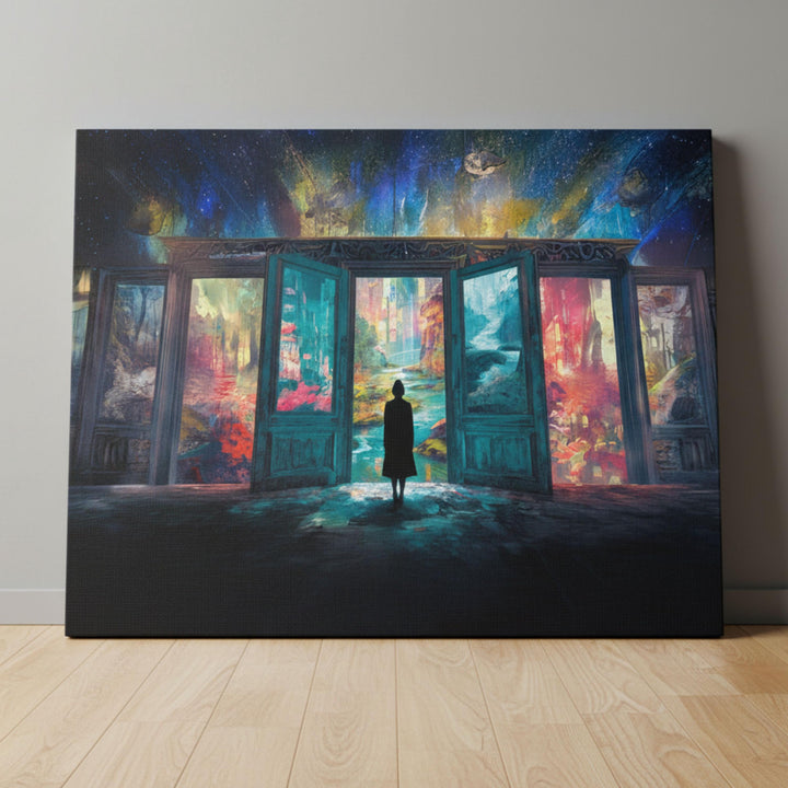 A silhouetted figure gazes into a series of open, glowing portals revealing surreal landscapes filled with color, cosmic light, and imagination — a stunning fantasy wall art piece.