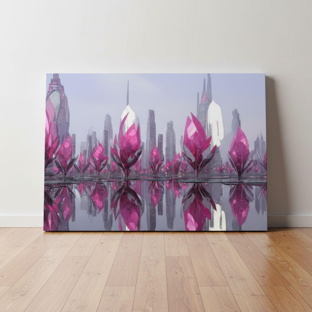 Futuristic surreal landscape featuring towering pink crystal structures reflecting over calm water, surrounded by mist and sleek metallic skyscrapers — modern fantasy wall art.