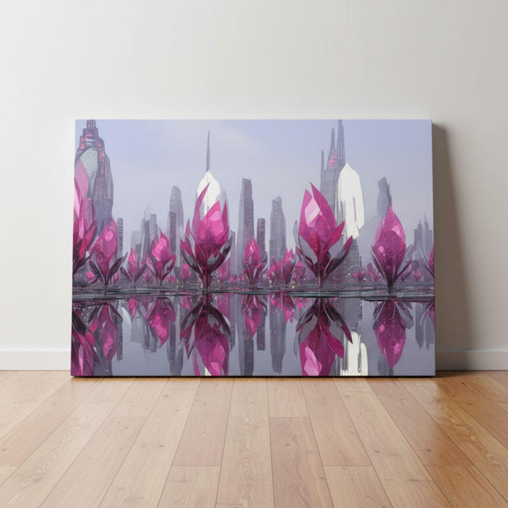 Futuristic surreal landscape featuring towering pink crystal structures reflecting over calm water, surrounded by mist and sleek metallic skyscrapers — modern fantasy wall art.