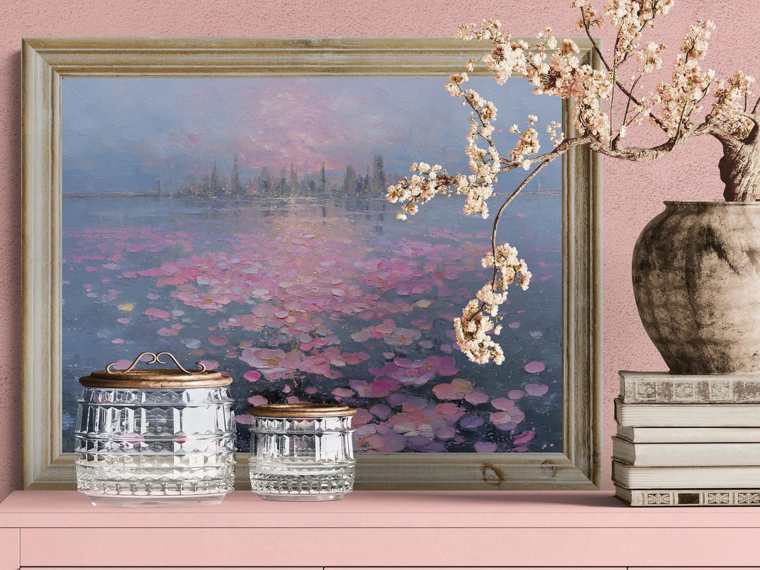 A romantic fantasy wall art depicting a glowing city and soft pink petals drifting across a mirrored lake at sunset.